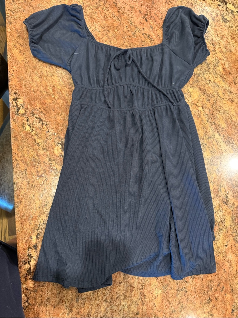 Girls Navy Puff-Sleeve Ribbed Knit Dress